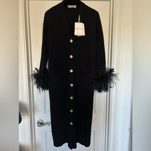 Valentino Long Wool Cardigan with Ostrich Feather Trim